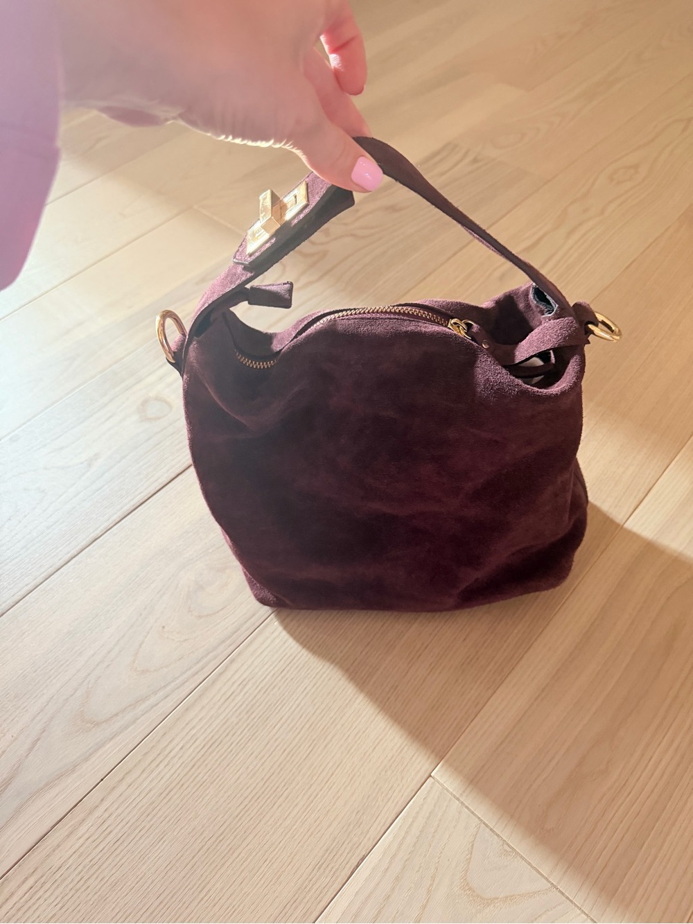 VIOLA CASTELLANI SMALL FOLDED HANDLE SATCHEL BURGUNDY SUEDE - Picture 11 of 13